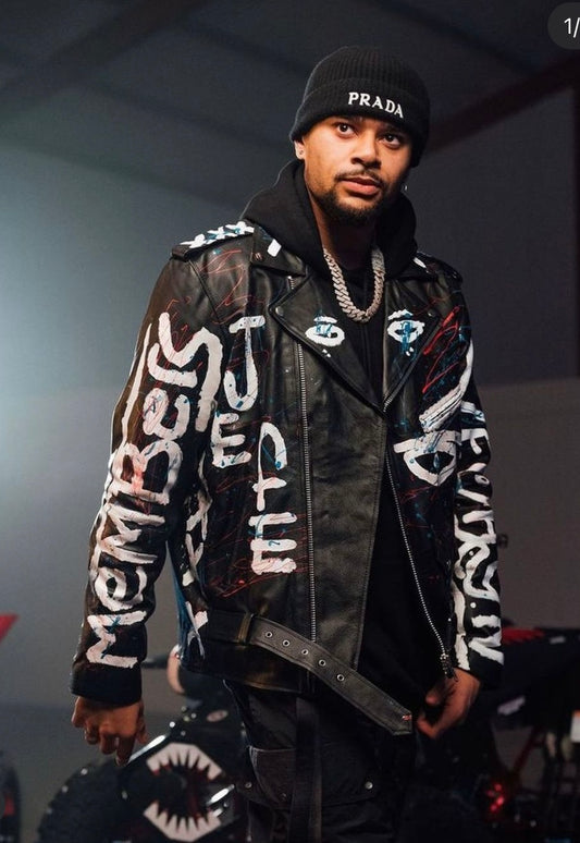 Hand-Painted Leather Jacket – Black, White & Blue