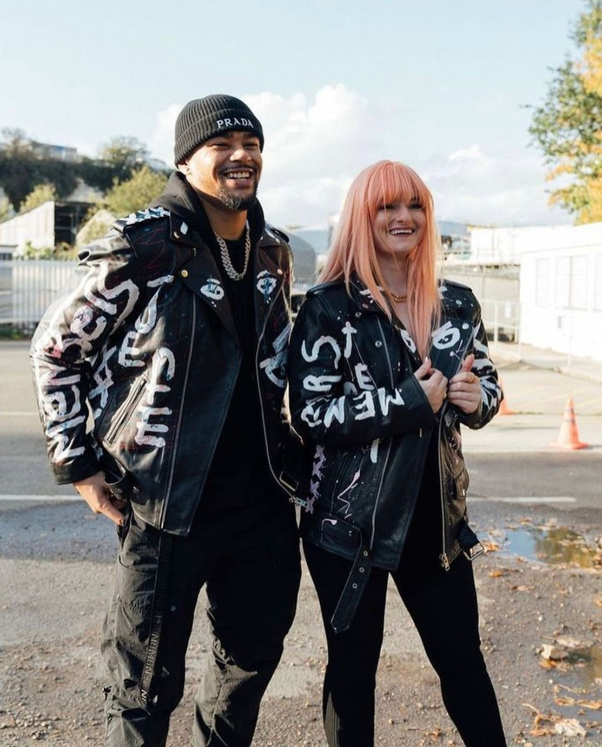 Vedayn Hand-Painted Leather Jacket – White & Pink