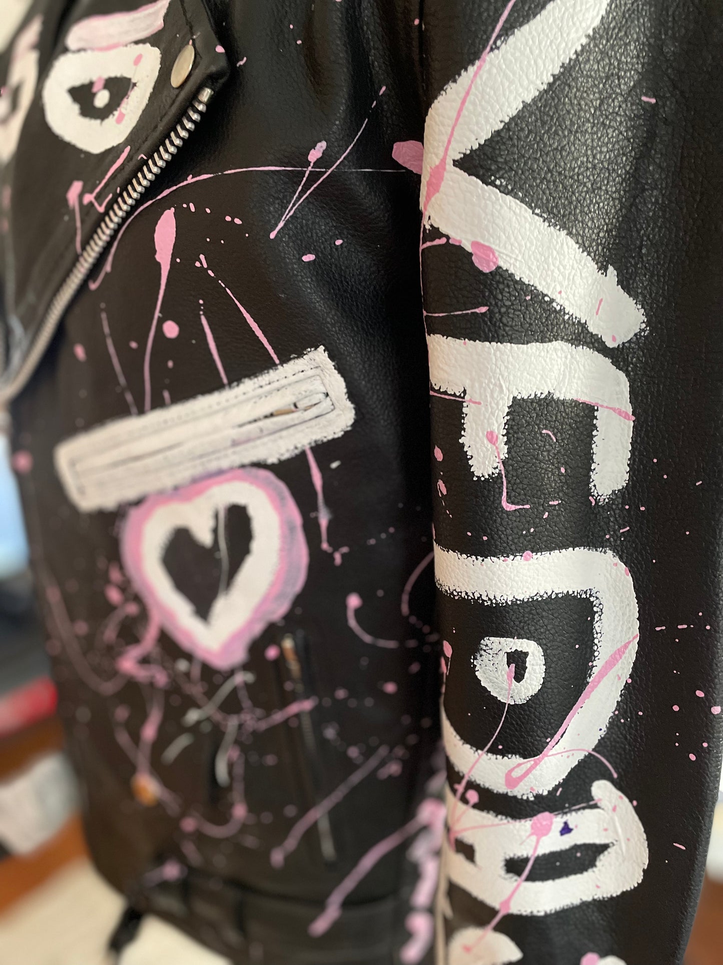 Vedayn Hand-Painted Leather Jacket – White & Pink